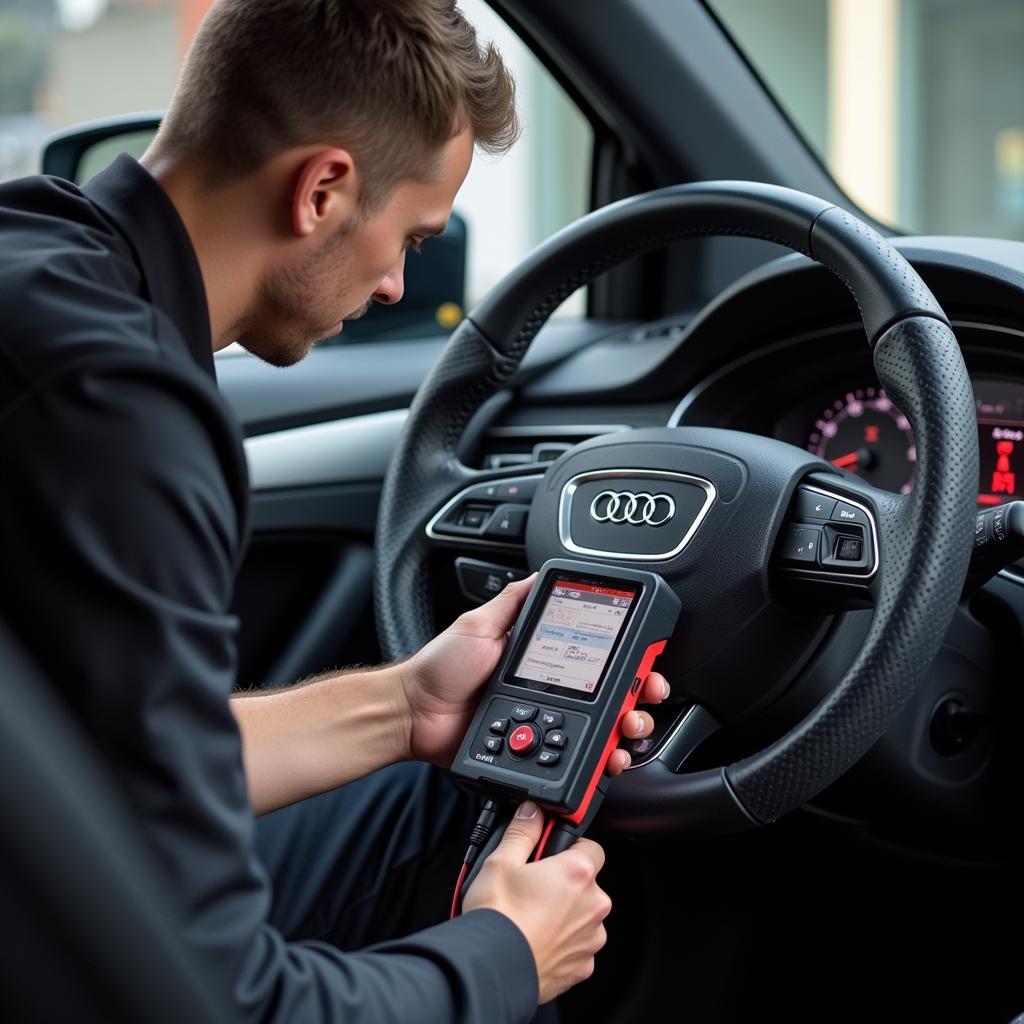 Mechanic Diagnosing Audi EPC Code with Diagnostic Tool