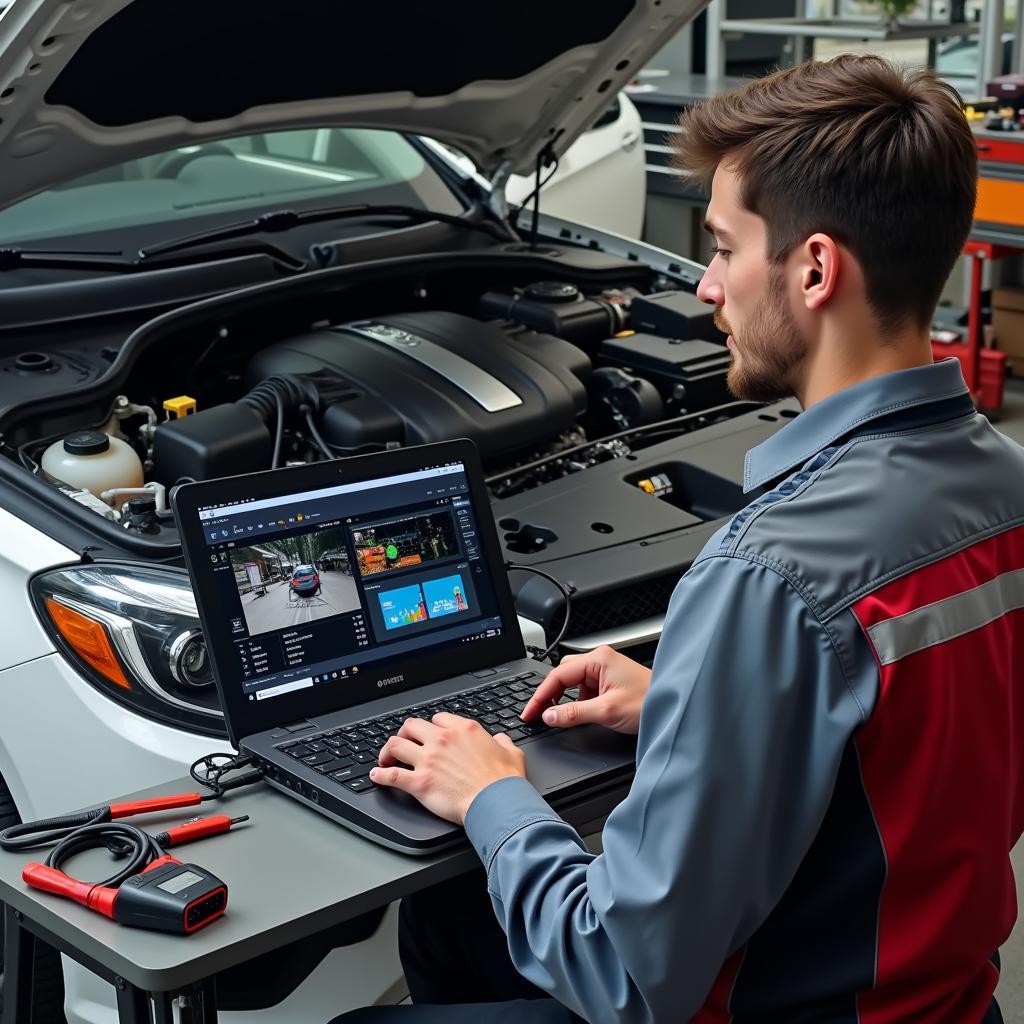 Mechanic Diagnosing Car Engine with VCDS