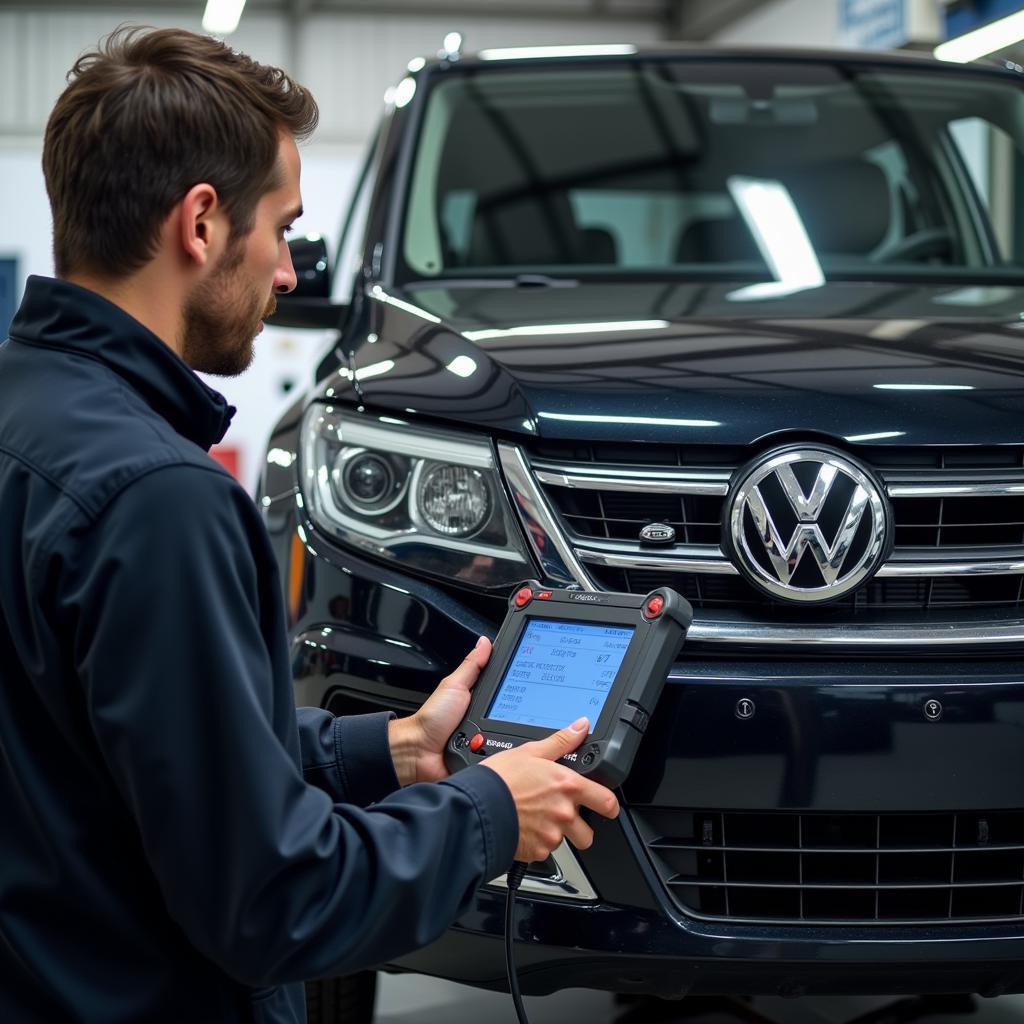 Mechanic Diagnosing VW with Scanner