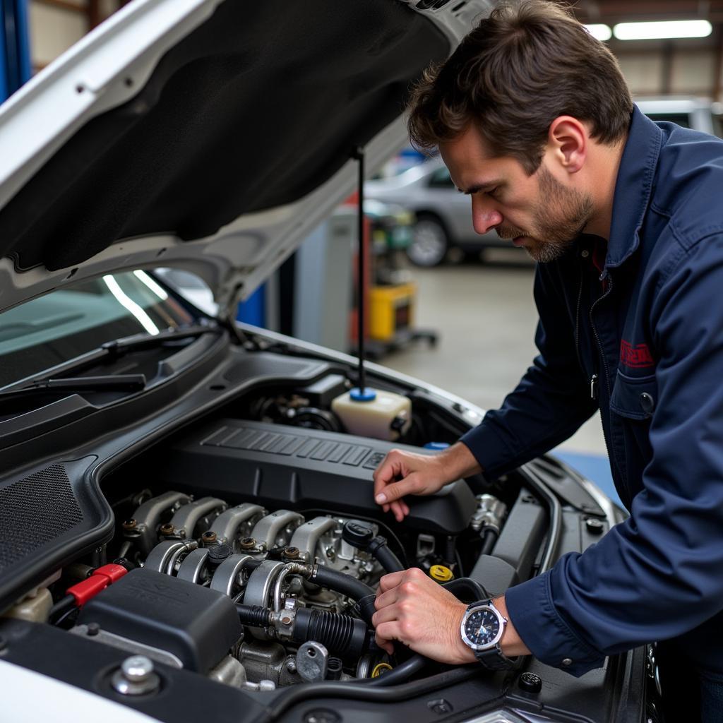 Mechanic Inspecting 2008 Audi A4 Engine