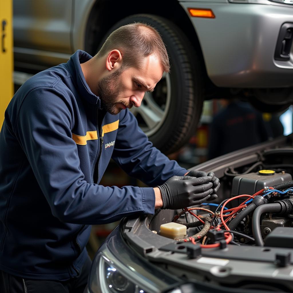 Mechanic Inspecting Car Wiring Harness