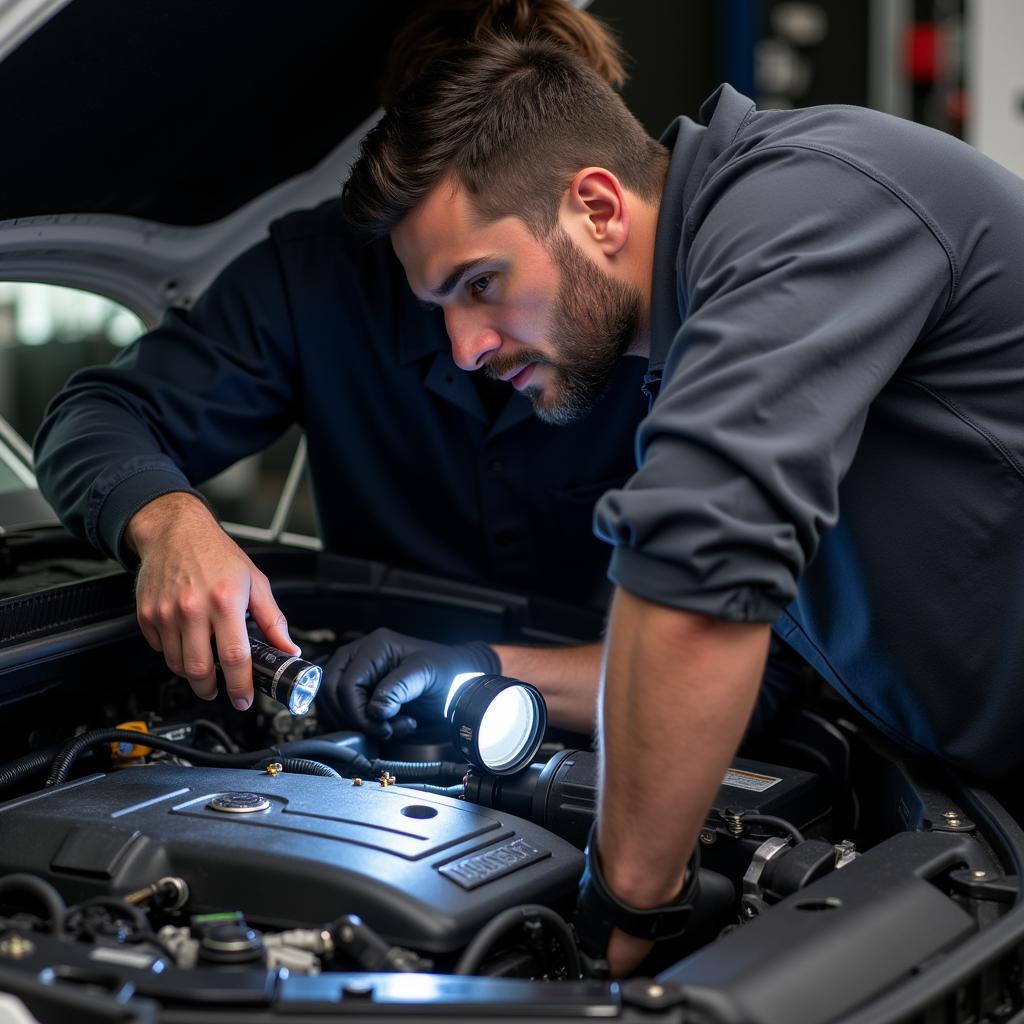 Mechanic Inspecting VW Tiguan Engine Bay