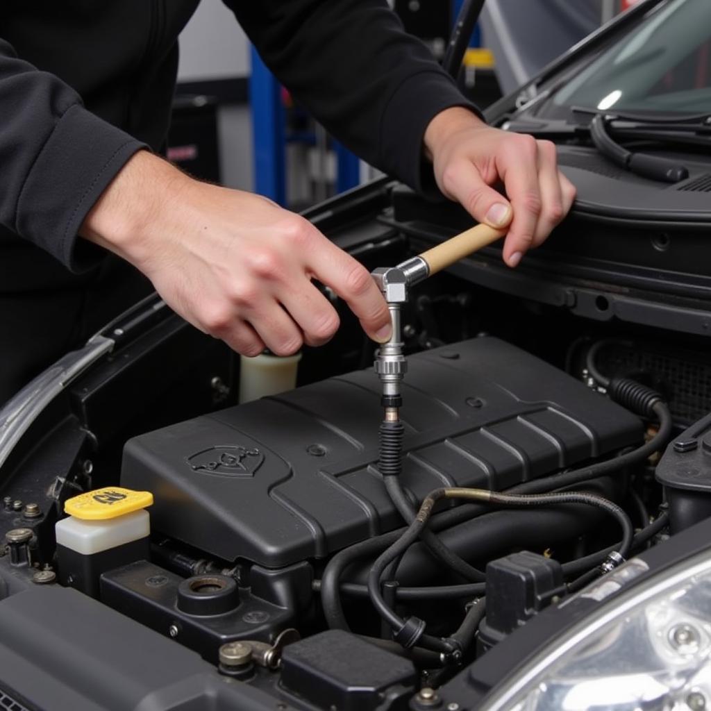 Mechanic replacing an oxygen sensor on a car