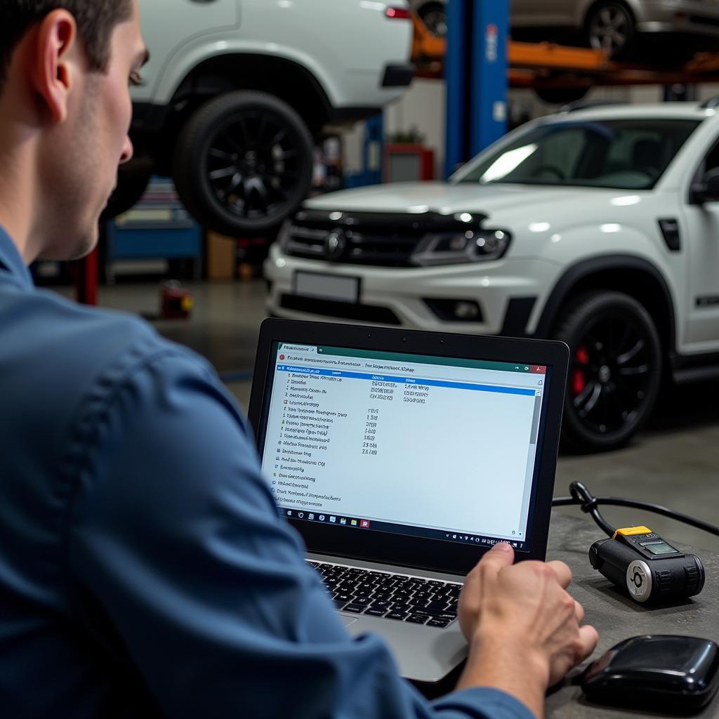 Mechanic using diagnostic software with VW equipment codes