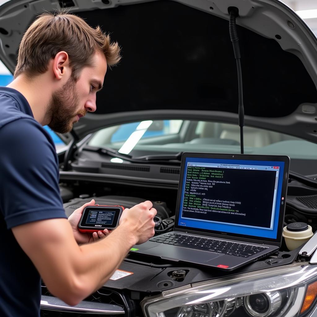 Mechanic Using a Diagnostic Tool on a Car