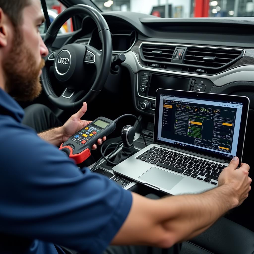 Mechanic Using Diagnostic Tool on Audi