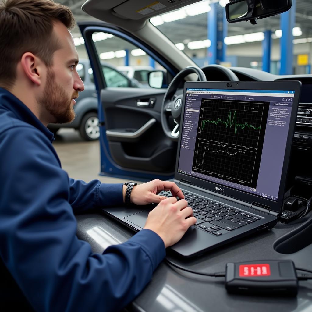 Mechanic using HEX-NET WiFi and laptop to diagnose a car