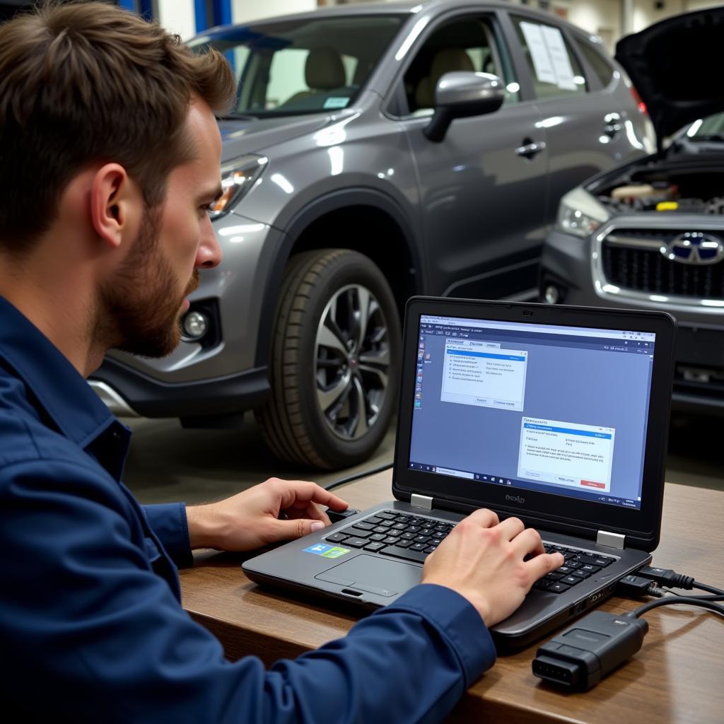 Mechanic Using Laptop for Diagnostics