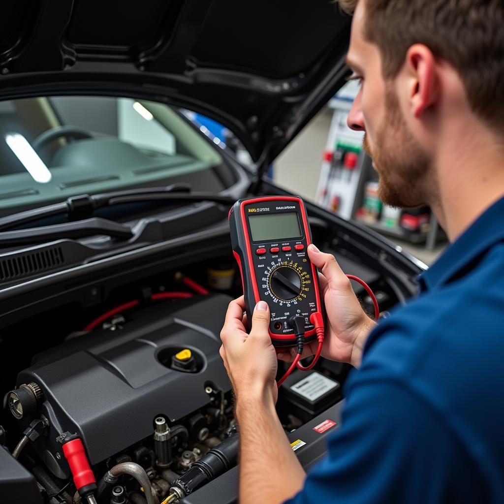 Mechanic Using a Multimeter to Diagnose a Car Problem