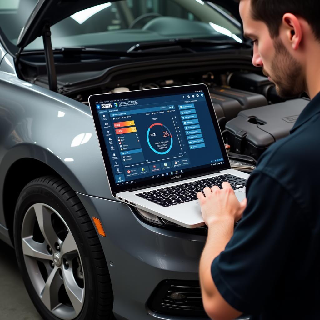 Mechanic Using Ross Tech 12.12 to Diagnose Car