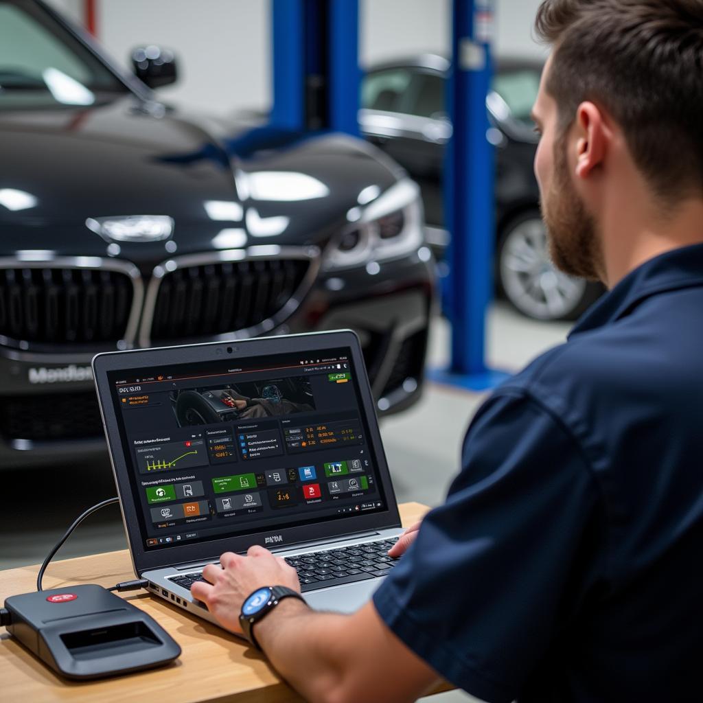 Mechanic Using Ross Tech Cable on BMW for Diagnostics