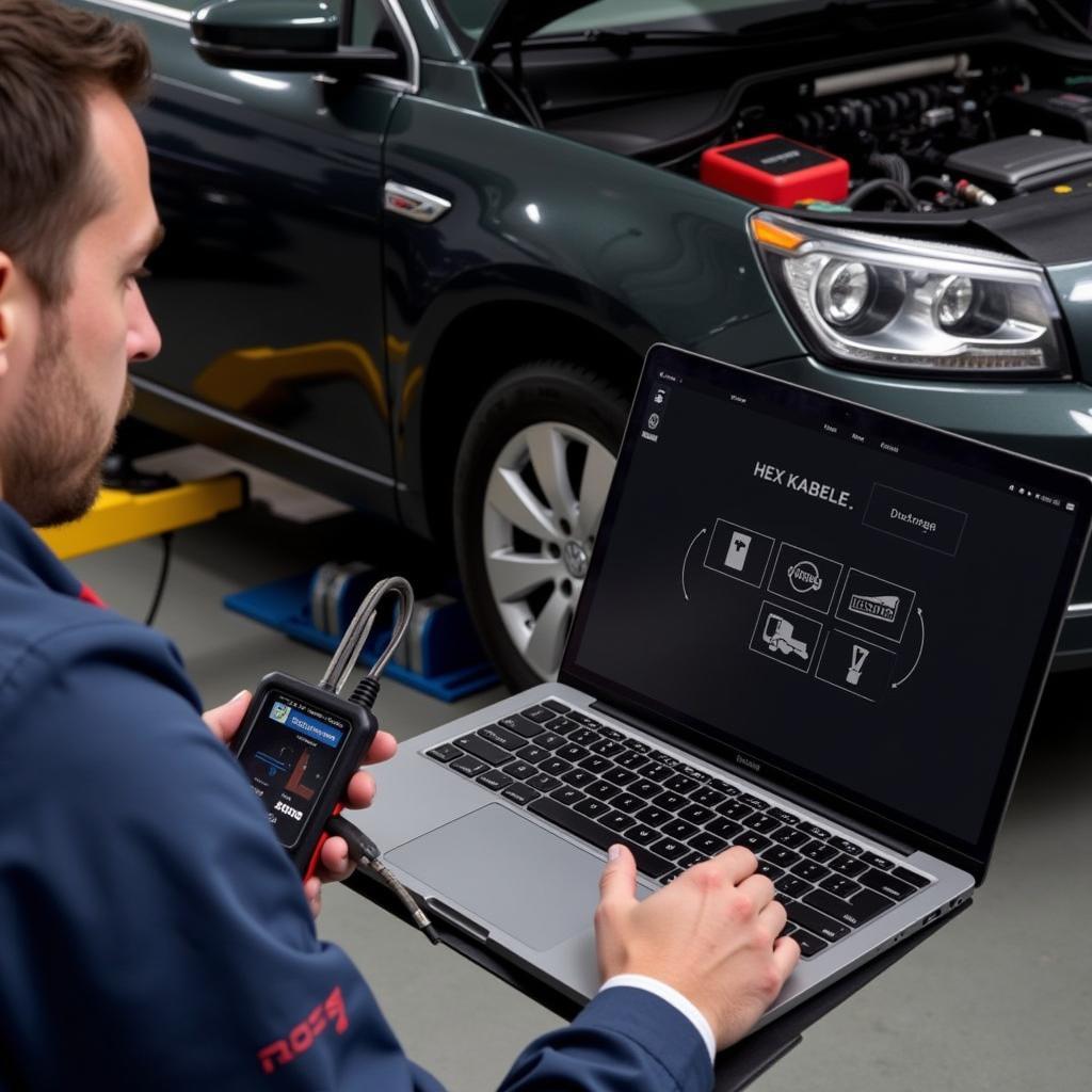 Mechanic Using Ross Tech HEX CAN Kabel to Diagnose Car Problem