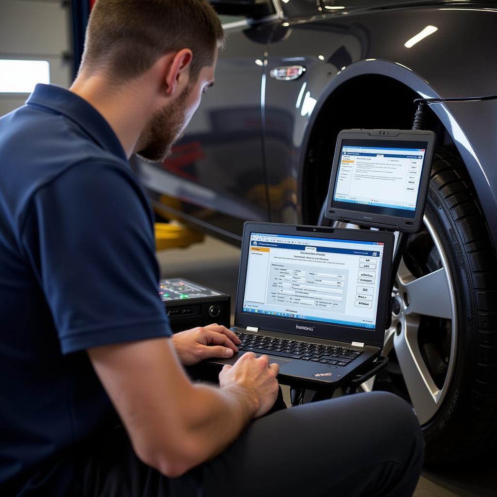 Mechanic using Ross-Tech HEX-NET to diagnose a car problem