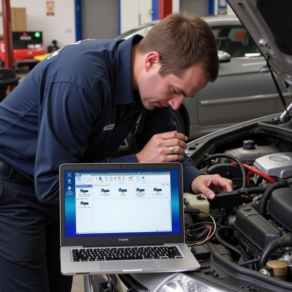 Mechanic using Ross-Tech HEX-V2 to diagnose a car.