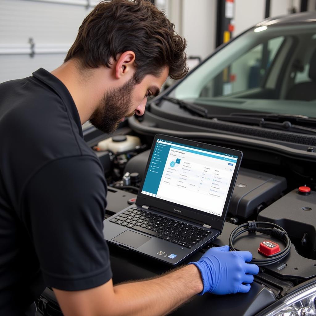 Mechanic Using Ross-Tech HEX V2 Cable and Laptop for Car Diagnostics