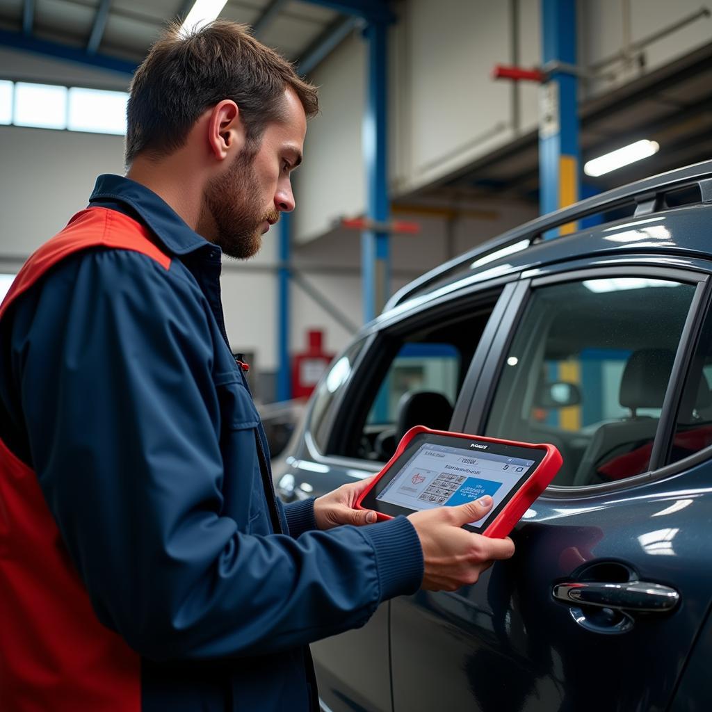 Mechanic Using Ross-Tech KII VCDS for Car Diagnostics in a Workshop