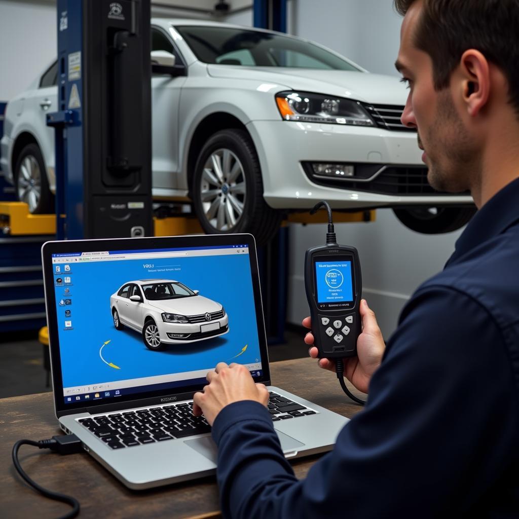 Mechanic Using Ross-Tech VCDS HEX-NET to Diagnose Car in a Workshop