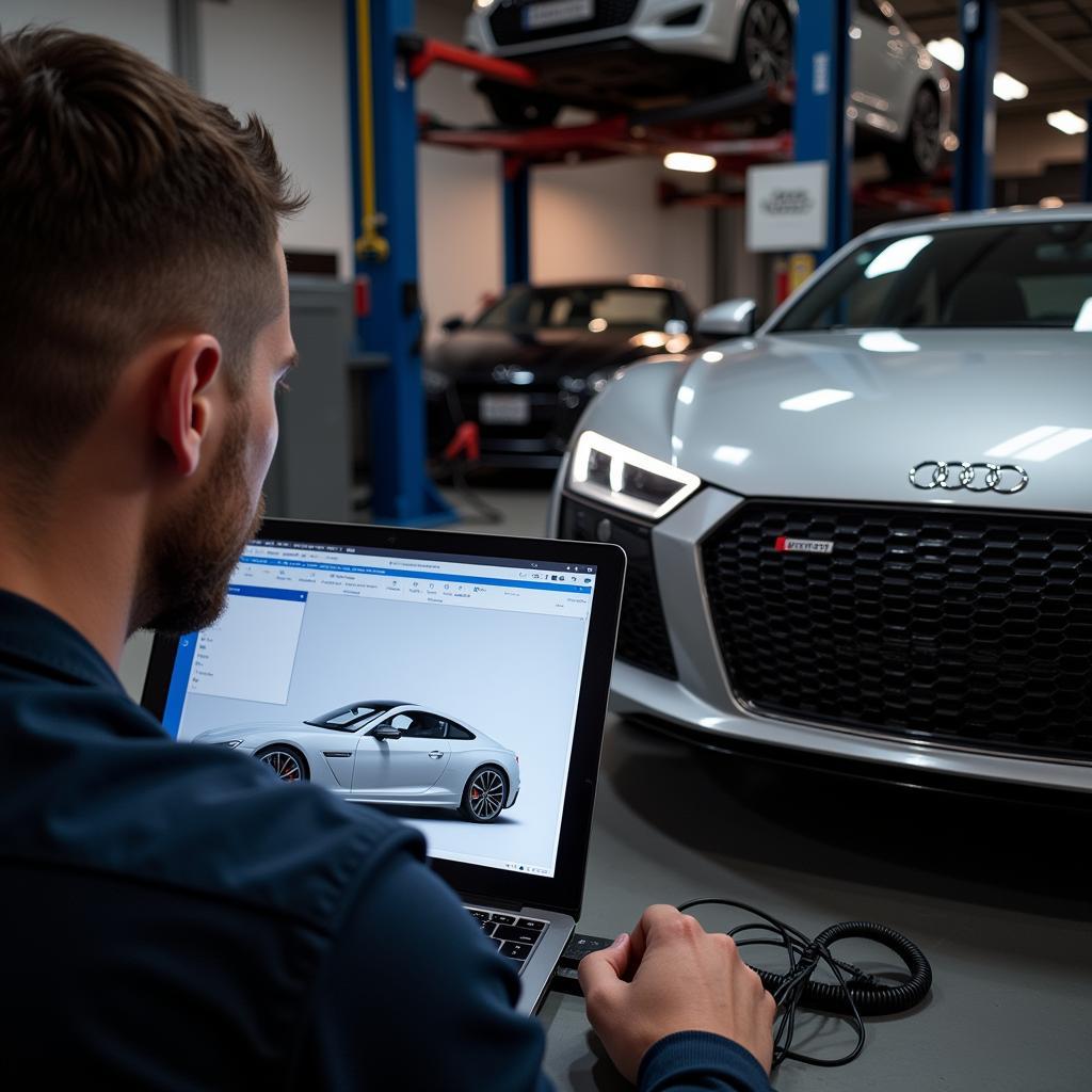 Mechanic Using Ross Tech VCDS on Audi R8 V10 in Workshop