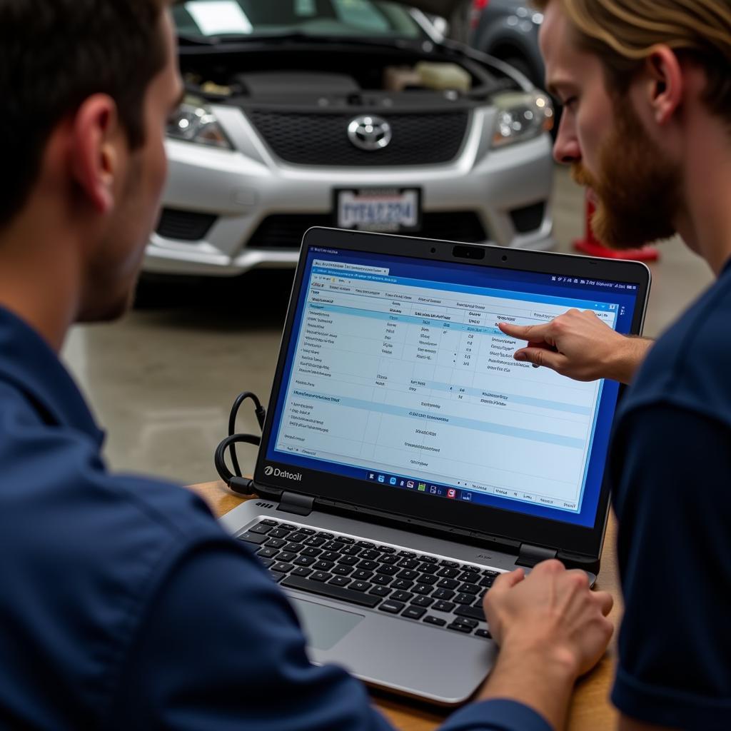 Mechanic Using VAG-COM Laptop to Diagnose Car