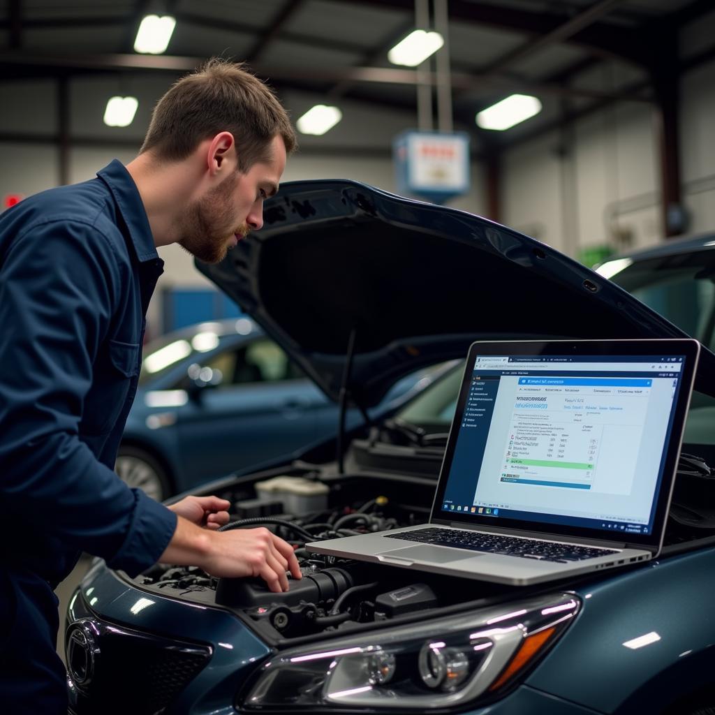 Mechanic Using VCDS 17.1.3 Laptop in Garage