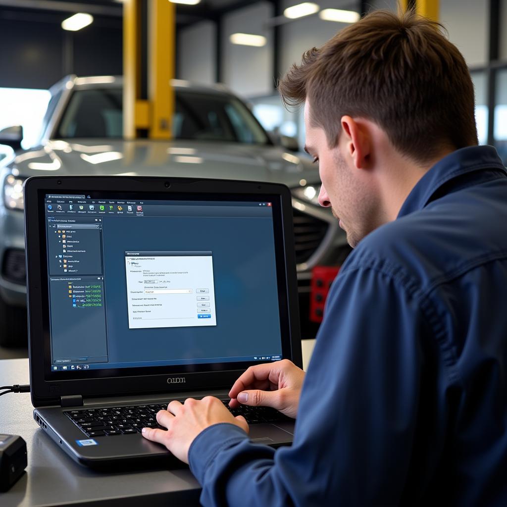 Mechanic Using VCDS Cable on Audi