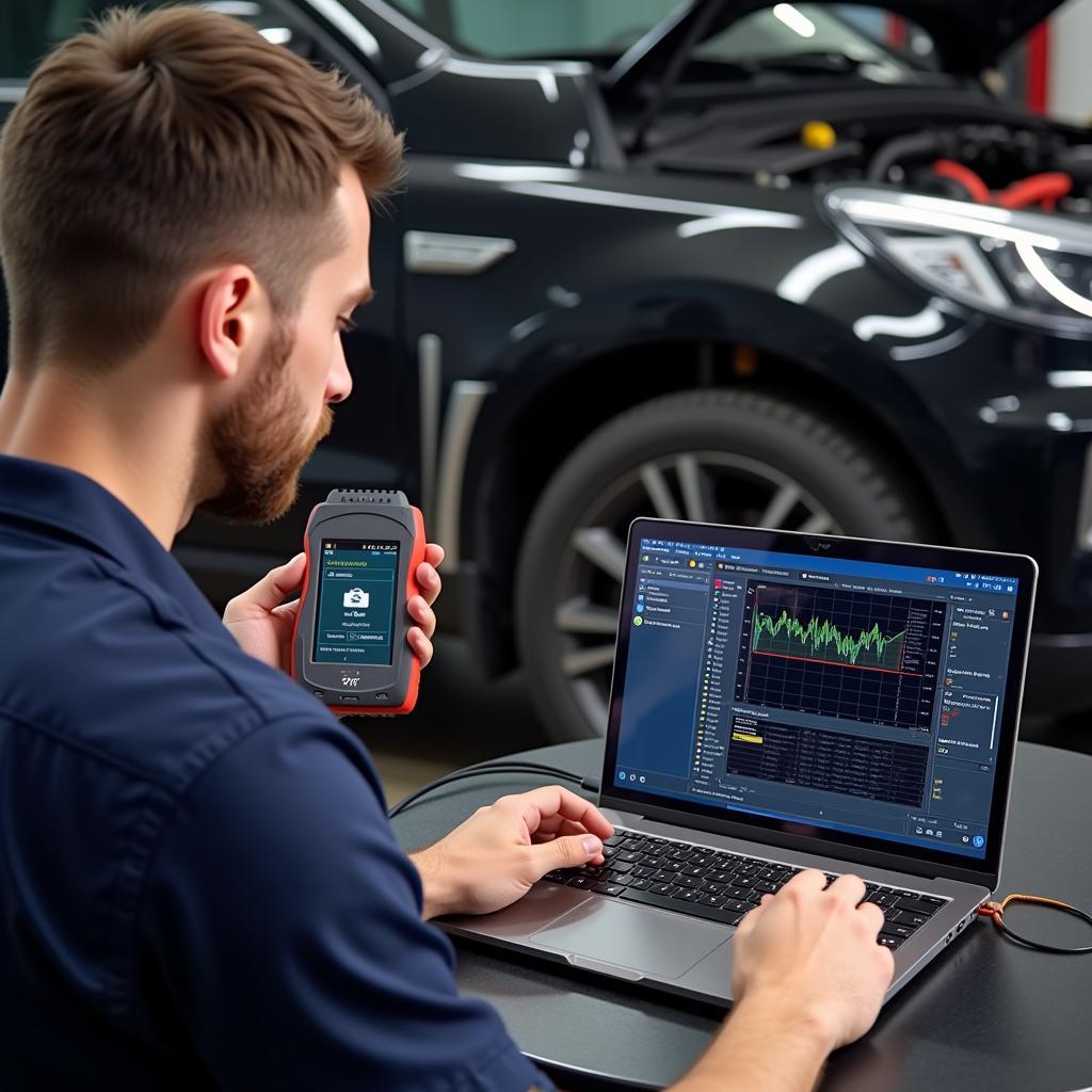 Mechanic Using VCDS Diagnostic Tool on a Car