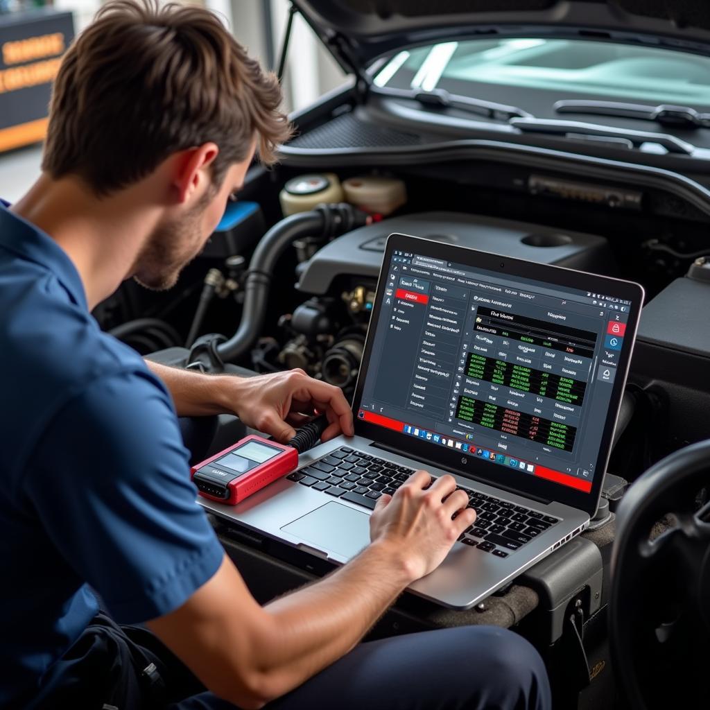 Mechanic using VCDS HEX-NET to diagnose a car