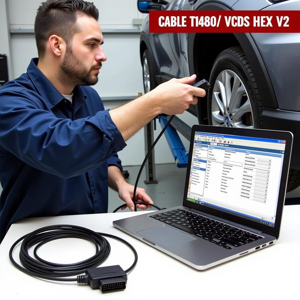 Mechanic Using VCDS HEX V2 Cable