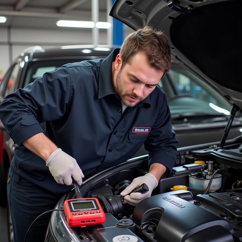 Mechanic Using VCDS Kabel on a Car in a Garage