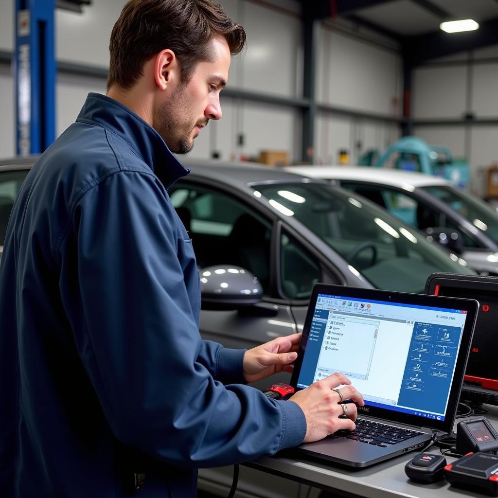 Mechanic Using VCDS KII-USB to Diagnose a Car in a Workshop