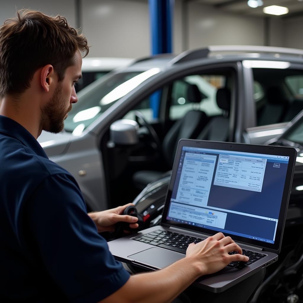 Mechanic Using VCDS on a Laptop