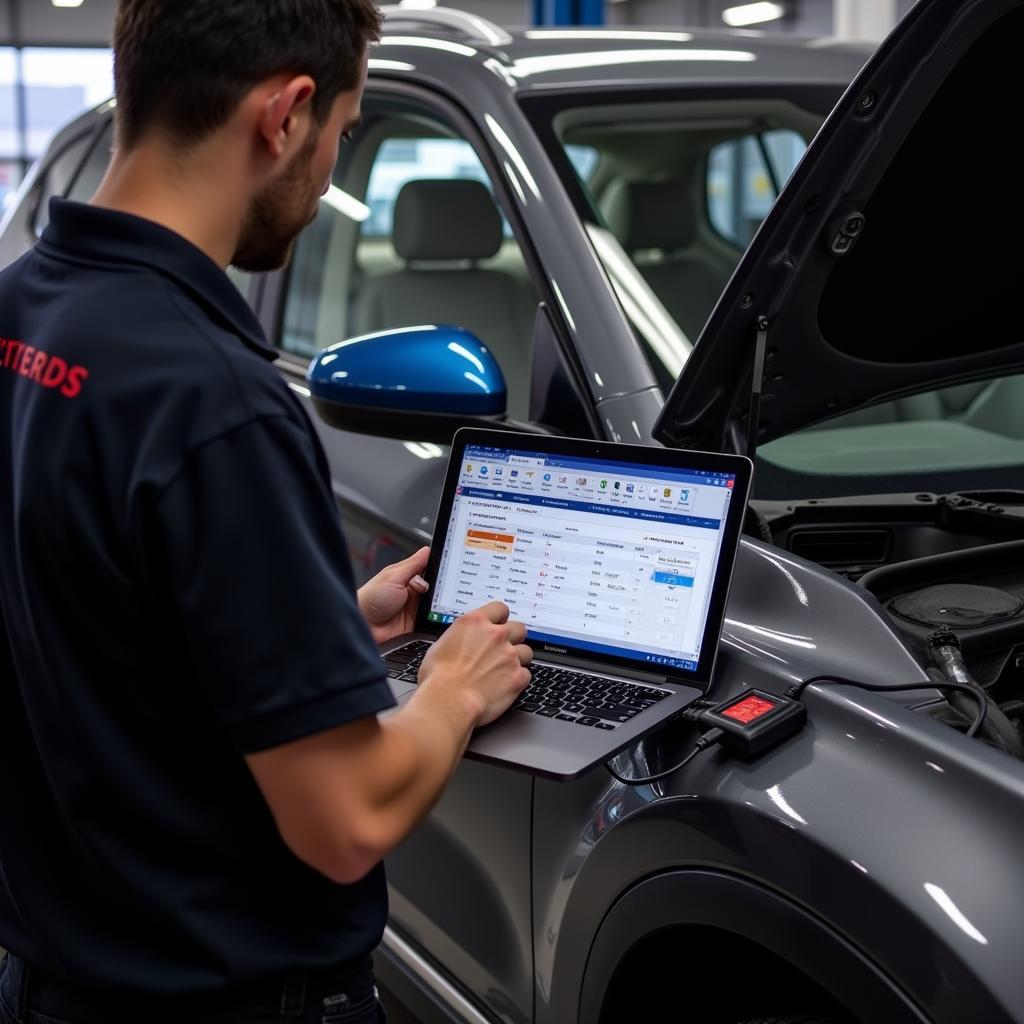 Mechanic Diagnosing Car with VCDS OBD2 WiFi