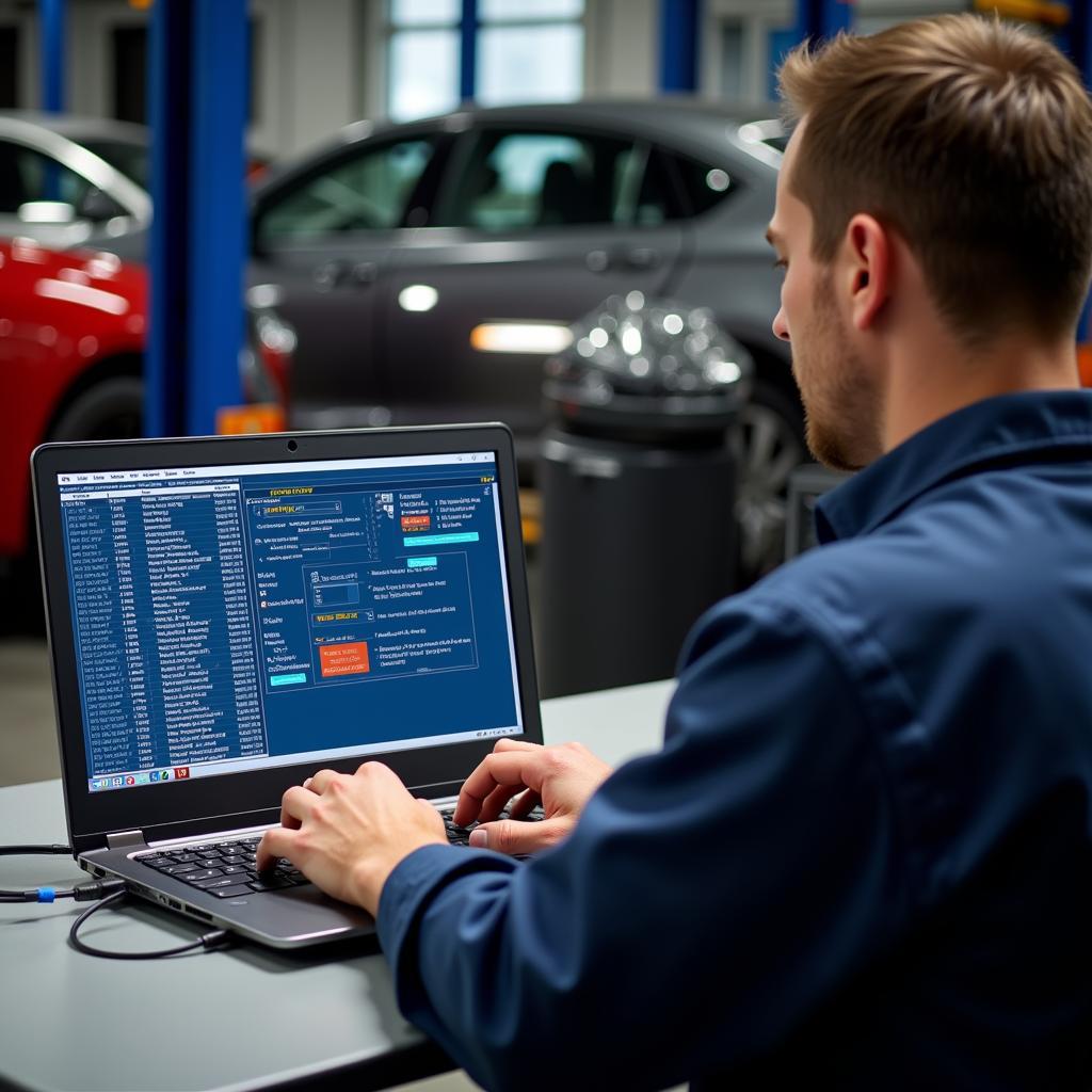 Mechanic using VCDS software on a laptop to diagnose a car