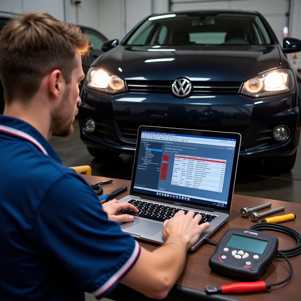 Mechanic using VCDS scan tool to diagnose a Volkswagen Golf