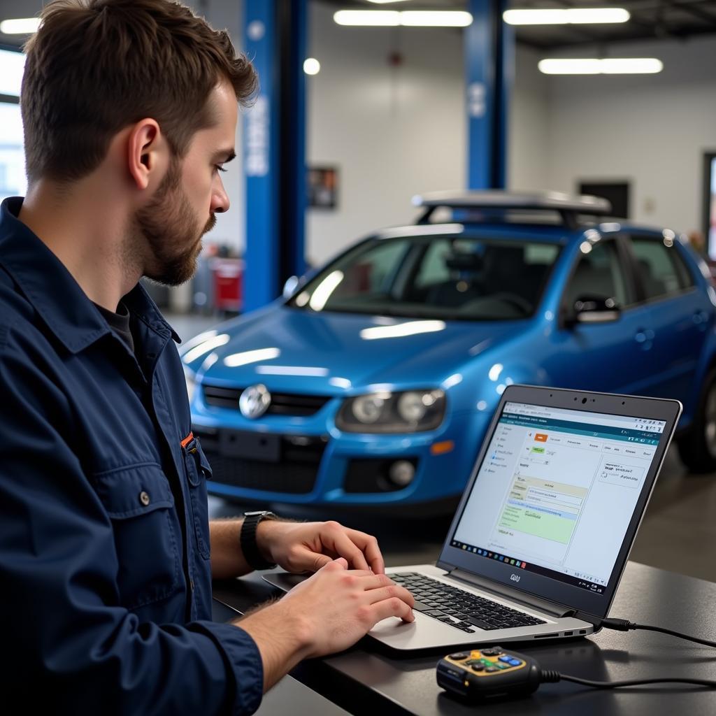 Mechanic Using VCDS Scanner in Workshop