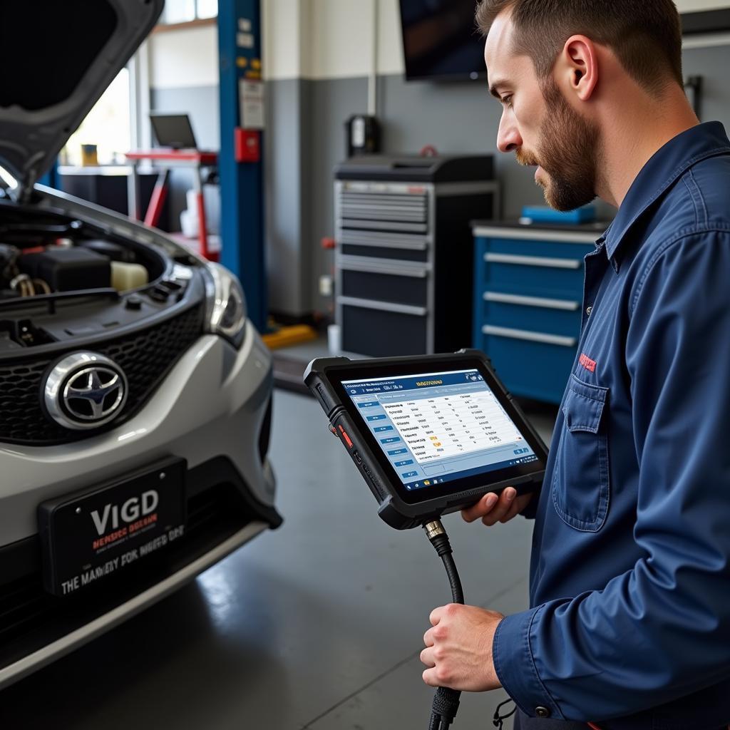 Mechanic Using VCDS Tablet in Garage