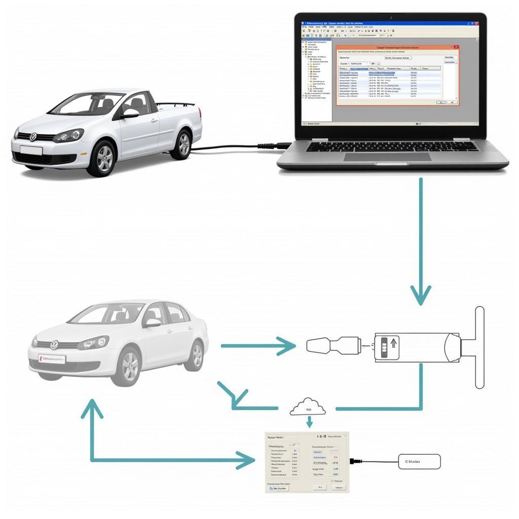 MQB Platform VCDS Coding: A diagram illustrating the connection between a laptop running VCDS software and an MQB platform vehicle via an OBD-II interface.