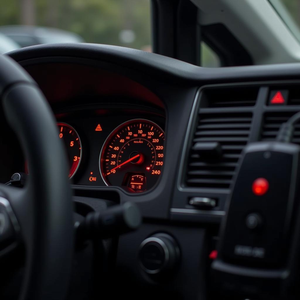 Check engine light illuminated on a Volkswagen dashboard.