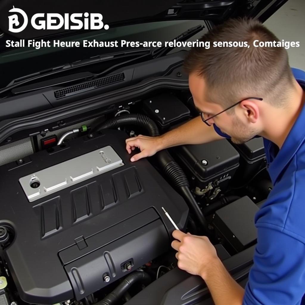 Mechanic inspecting the exhaust pressure sensor on a Volkswagen.