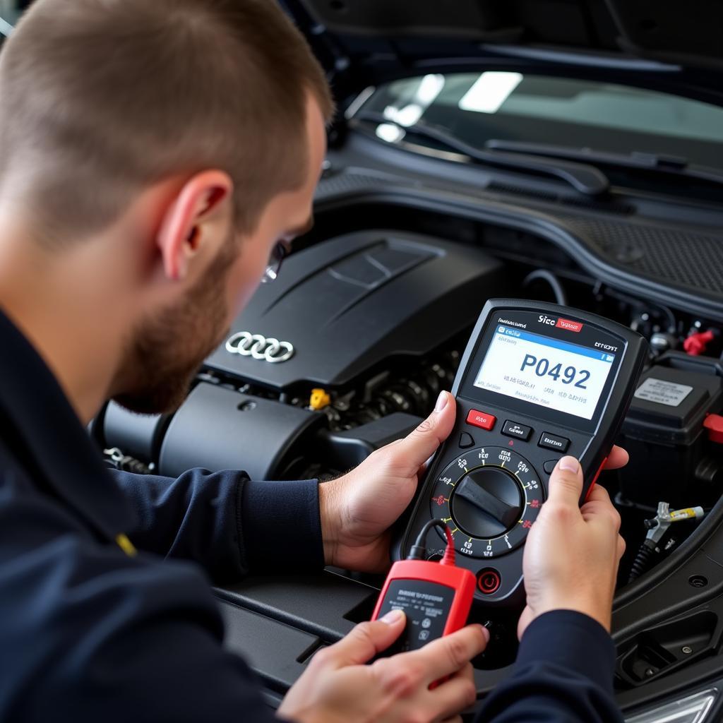 Mechanic using diagnostic tools on an Audi engine