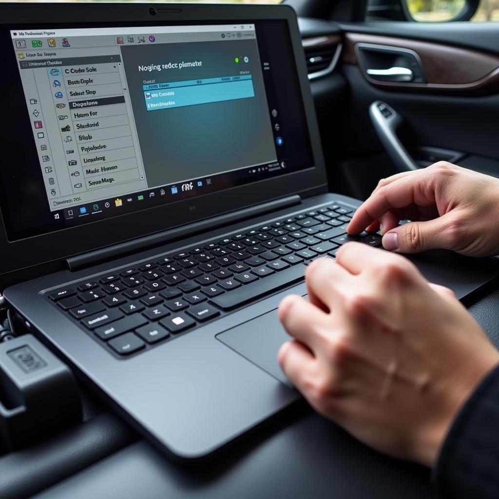 A technician using the VAS 5054A and VCDS to perform coding changes on a vehicle's control unit.