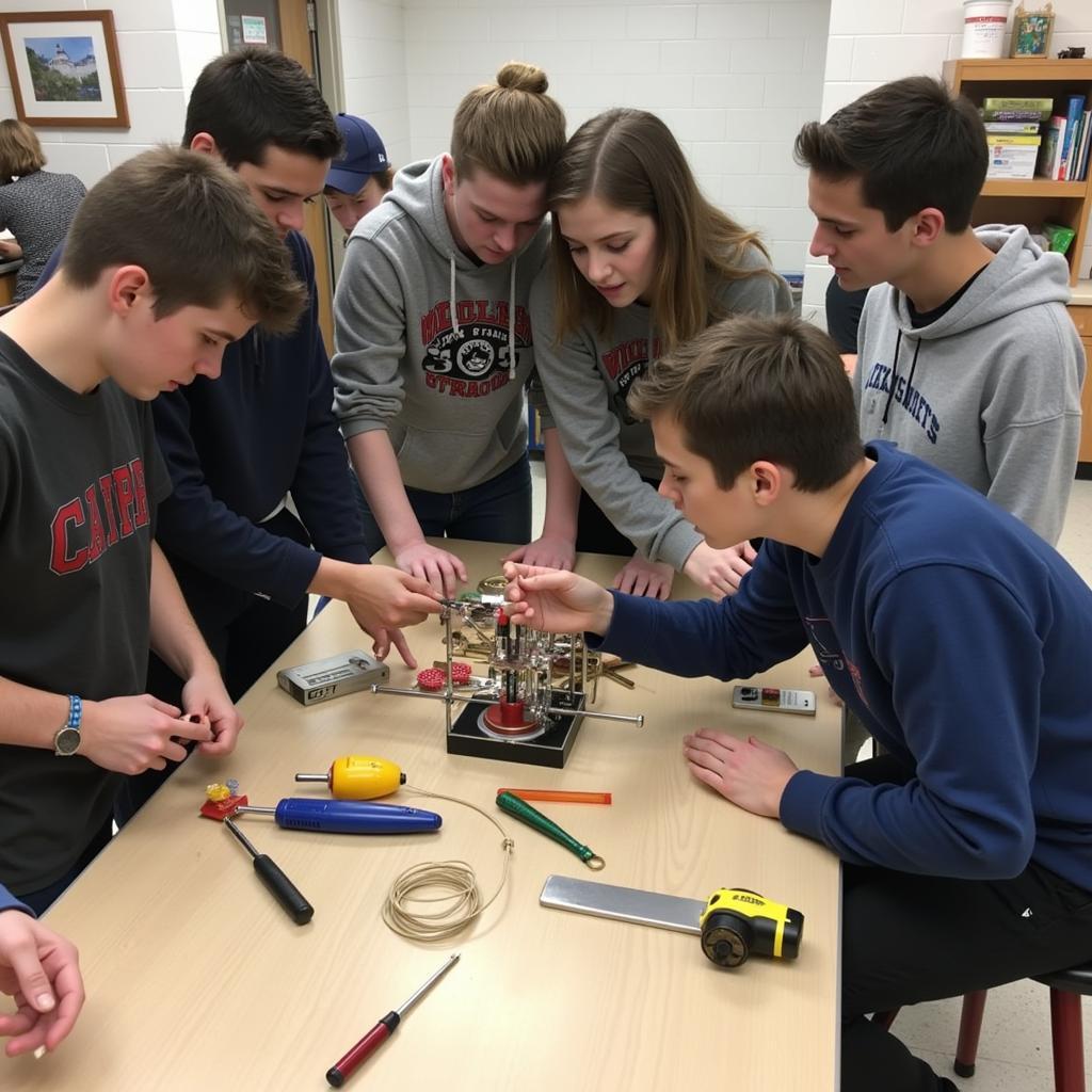 Students Collaborating on a Goldberg Machine at Pickaway-Ross