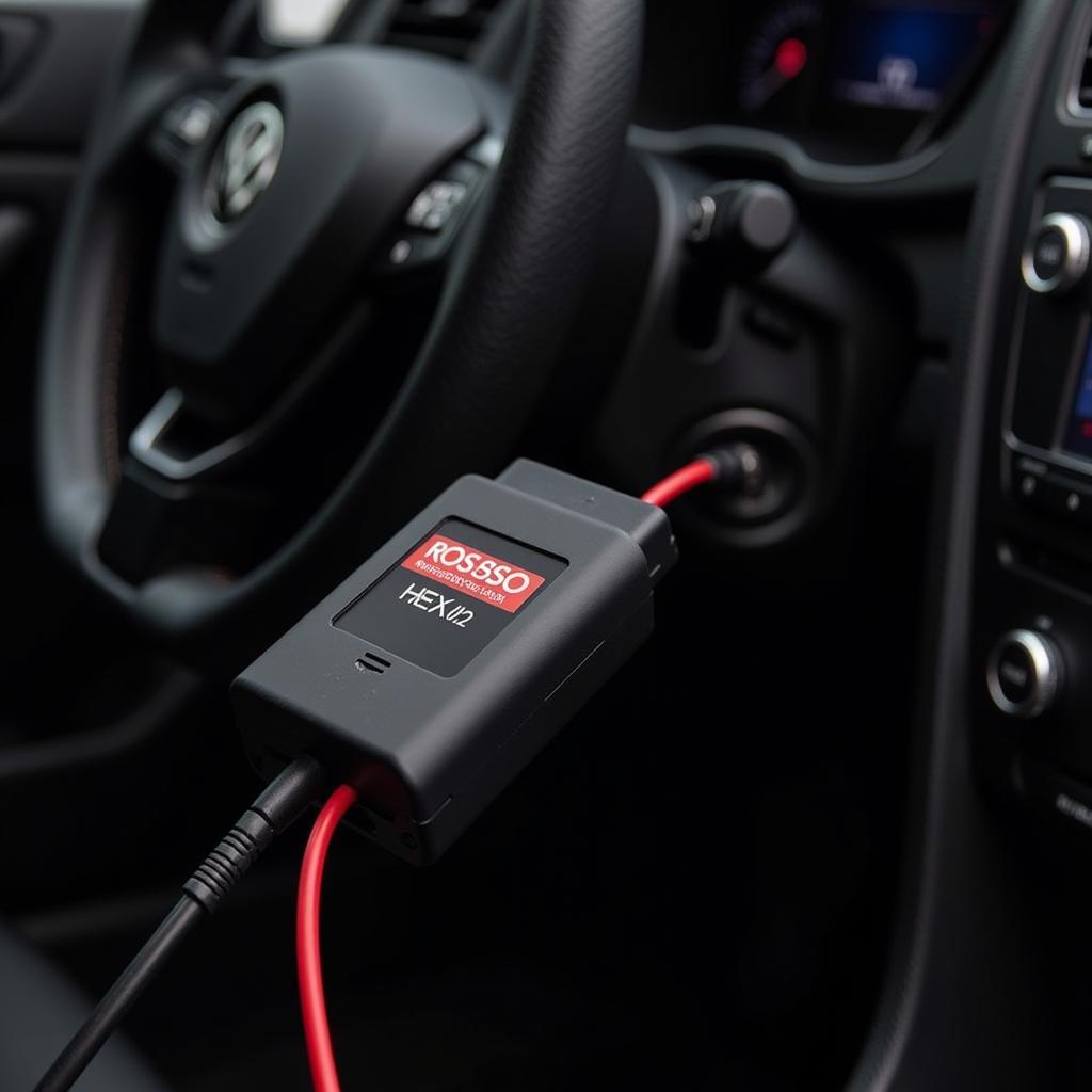 Ross-Tech HEX-V2 cable connected to a car's OBD-II port.