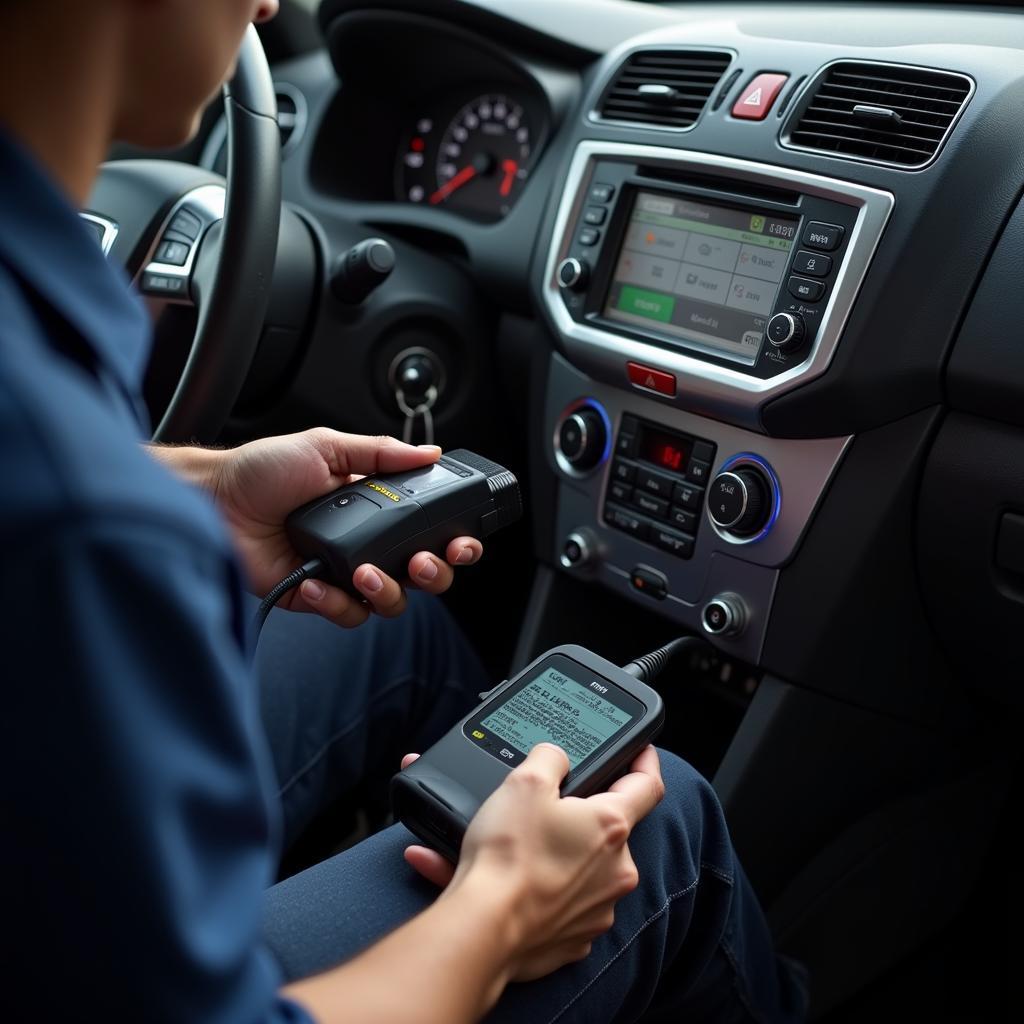 Technician Using OBD-II Scanner on Car