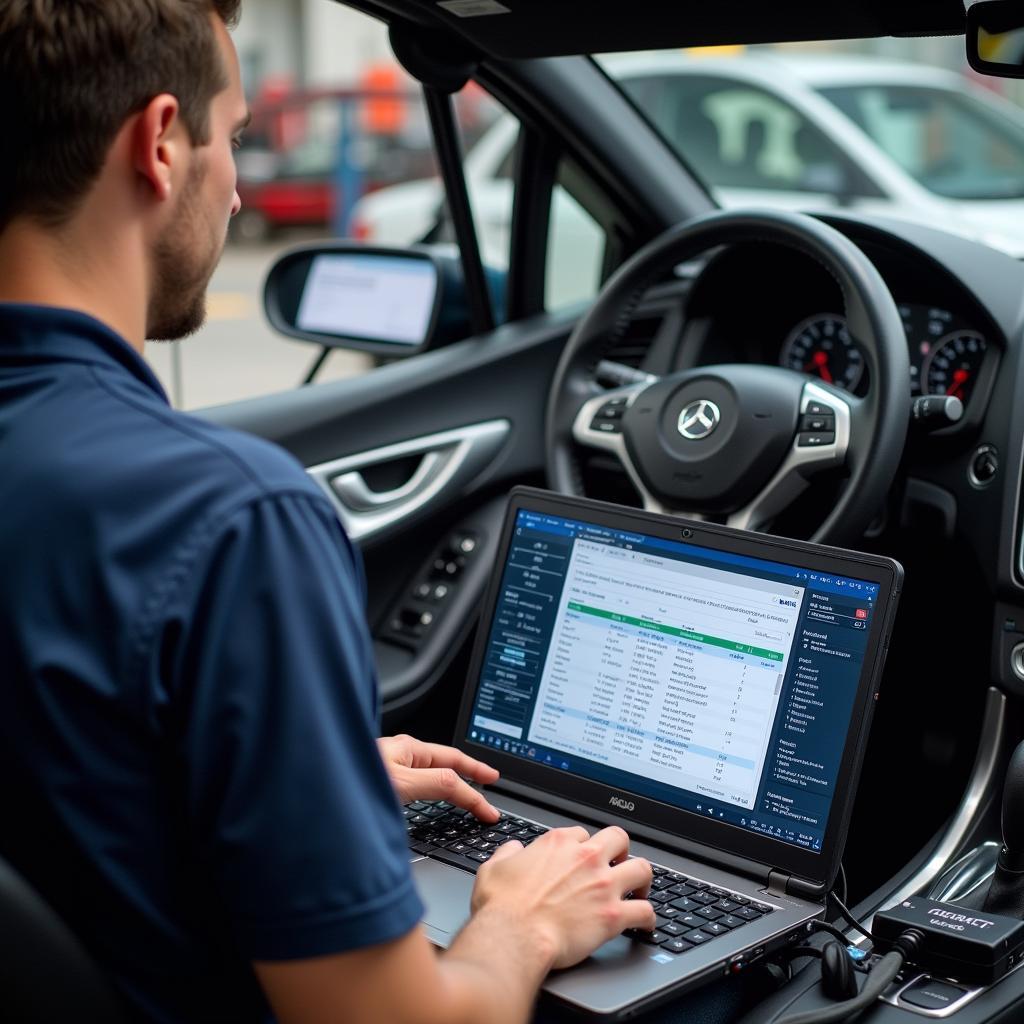 A mechanic uses the HEX V2 VCDS to diagnose a car problem.