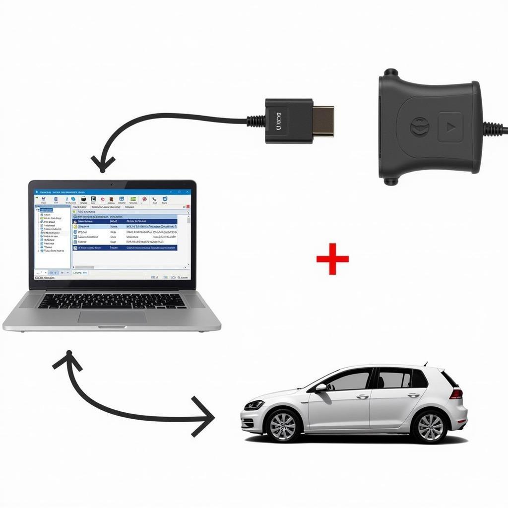 VAS 5054A interface connected to a laptop running VCDS software, performing diagnostics on a Volkswagen Golf.