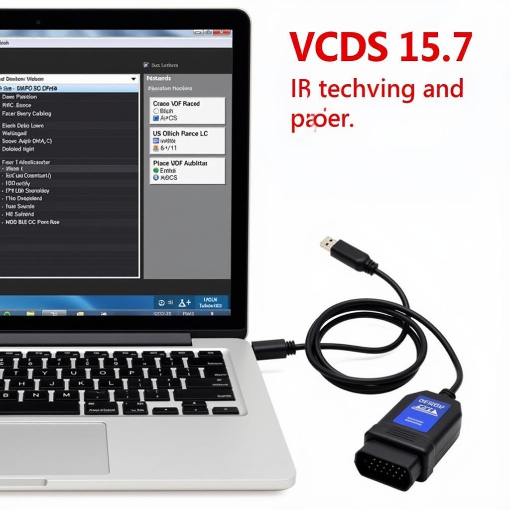 VCDS 15.7 eBay cable connected to a car's OBD-II port