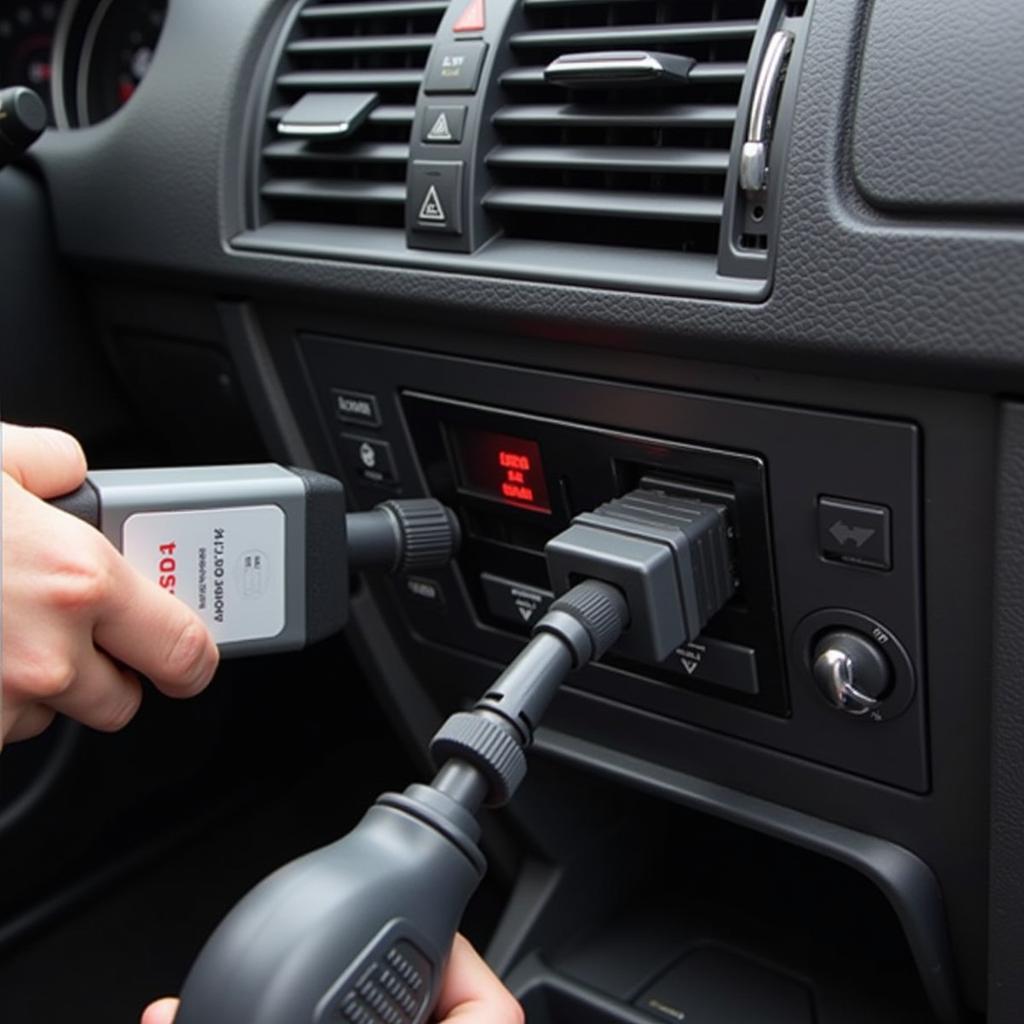 VCDS Cable Connected to OBD-II Port