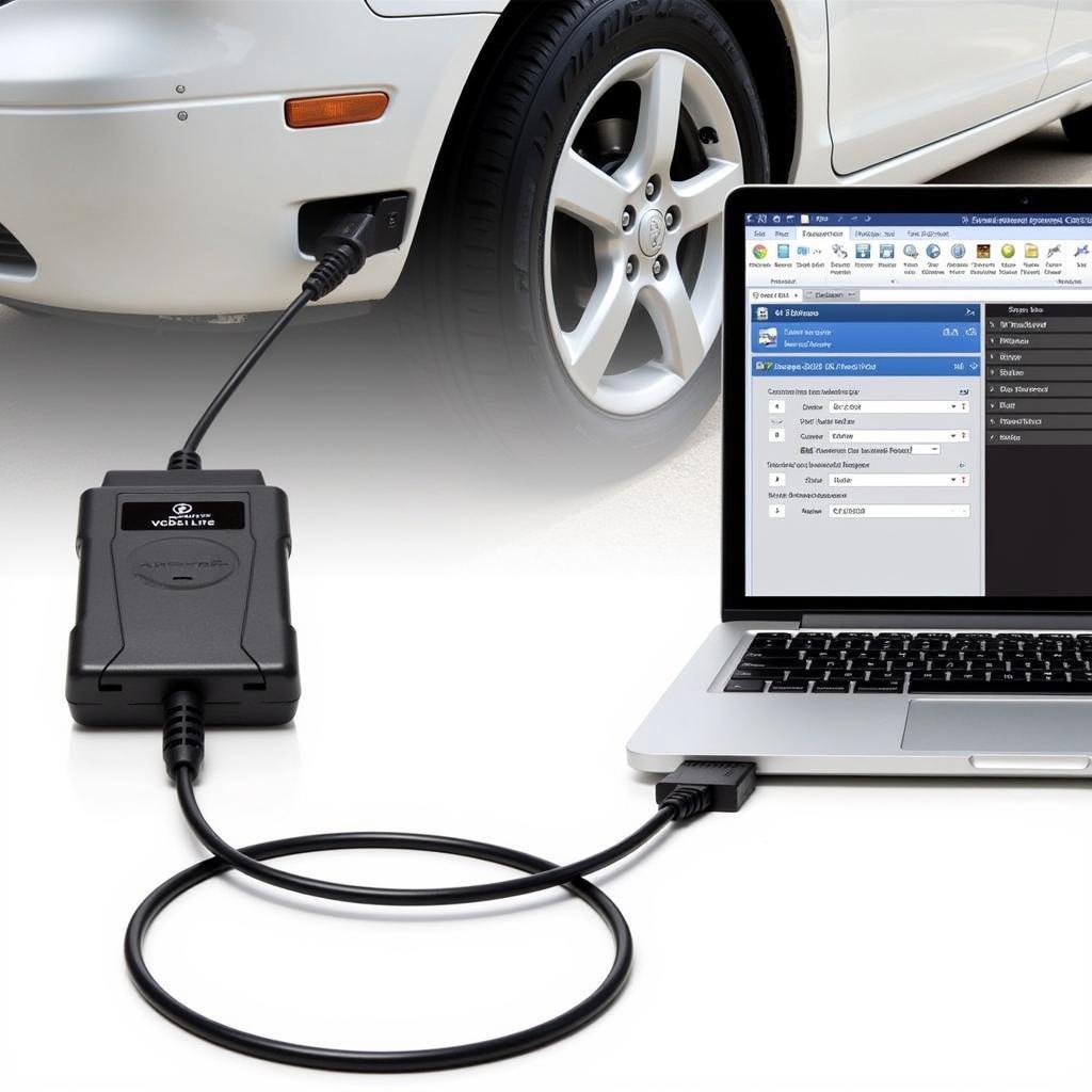 VCDS Lite cable connected to car's OBD-II port