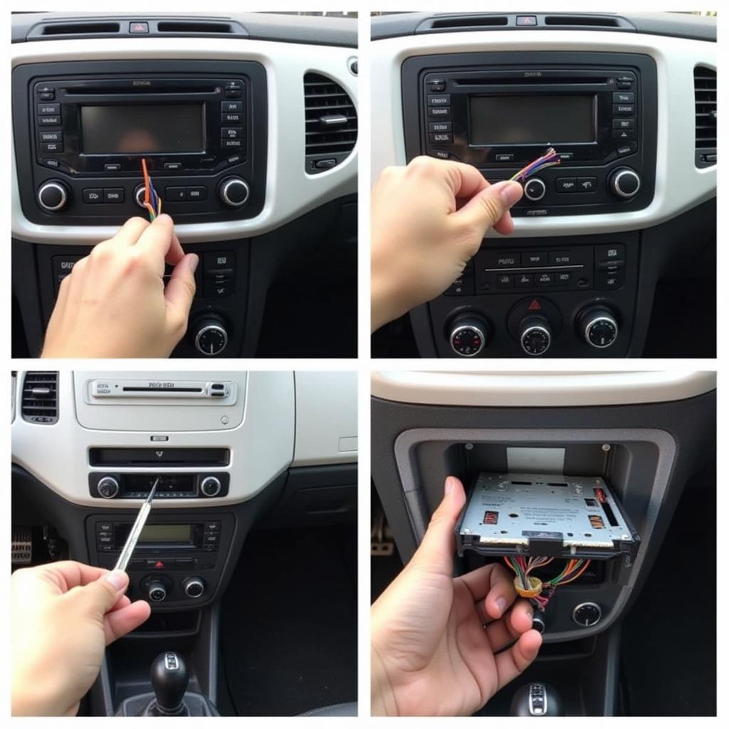 The process of removing a VW Beetle radio from the dashboard, showing the wiring and connections.